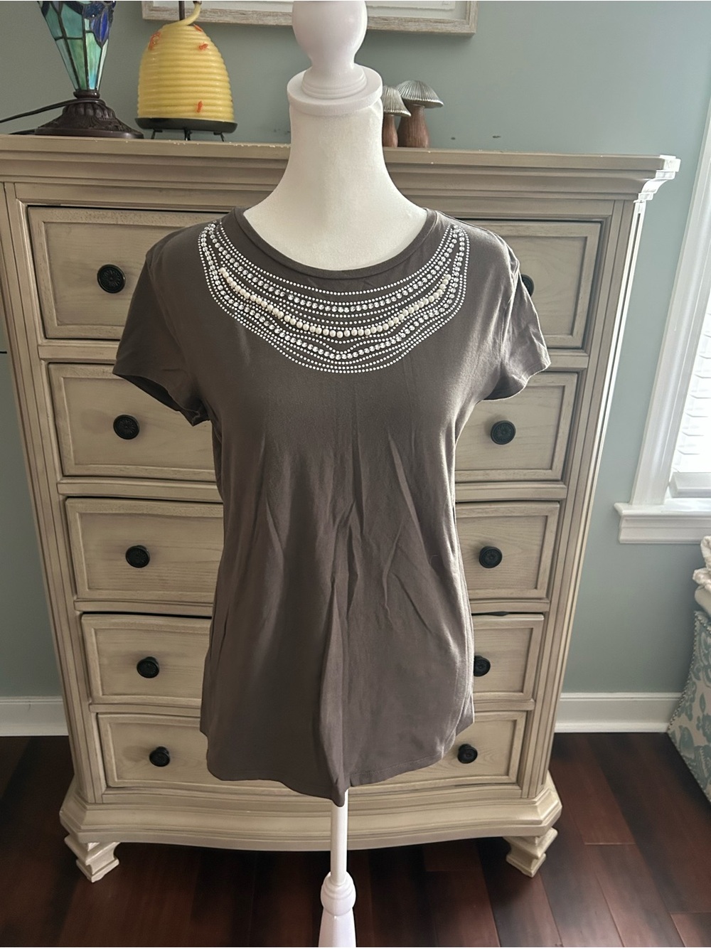 Ann Taylor Taupe Short-Sleeve Tee with Beaded Neckline
